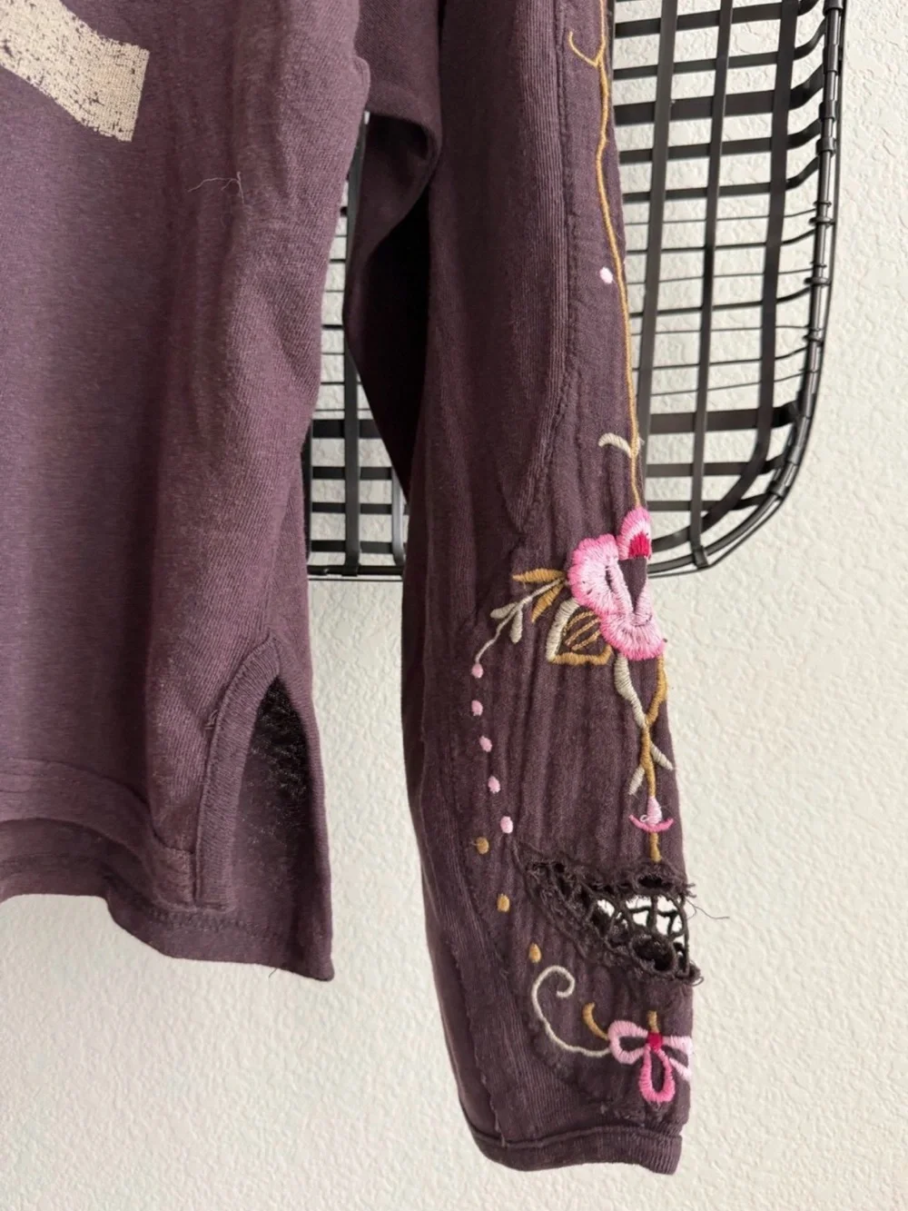 NWT Free People “we the free” Embroidered Brown Lilith Distressed '72' tee